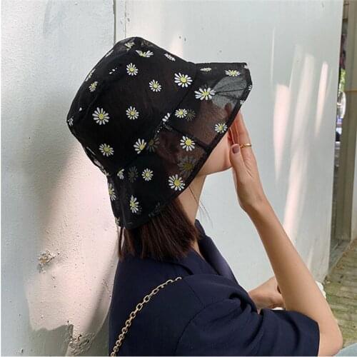 Daisies Embroidered Buckets Hat Women Transparent Panama Lace Flower Beach Hats High Top Snapback Fashion Daisy Sun Cap Summer