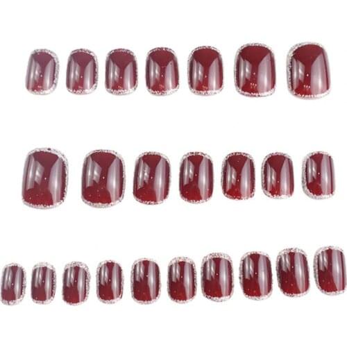 With Glue 24Pcs Novelty Burgundy Silver Color Edge Fake Fingernail Nail At Pieces ABS Nail Tips Exquisite for Dating