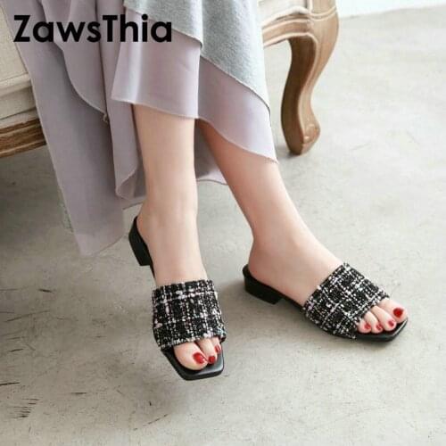 ZawsThia 2020 summer low square med heels women slides open toe outdoor woman slippers girls cheap shoes big size 47 48 49 50