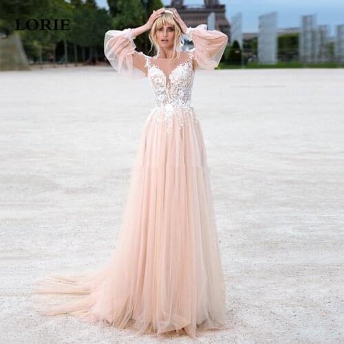 LORIE Beach Lace Appliques Wedding Dresses A-Line Puff Sleeves Tulle Boho Wedding Gowns Elegant Princess Wedding Party Dress
