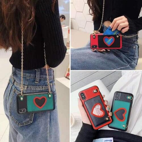 Japan Korea Fashion Love Card Bag Purse Metal Chain Handbag Leather Case Cover For Iphone 11 Pro XS Max XR X 8 7 6 6S Plus