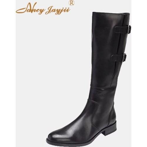 Genuine Leather Cow Woman Shoes Adult Boots knee-High Brown Buckle Med Square Heels Mature Zipper Leisure 2019 3cm~5cm Classic