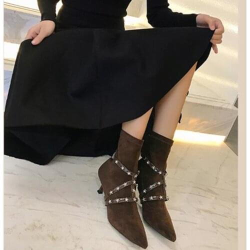 Cow Suede Crystal Stars Belt Runway Show Women Boots Pointed Toe Rivet Women Chelsea Woman Boots Slip On Elasticity Woman Boots