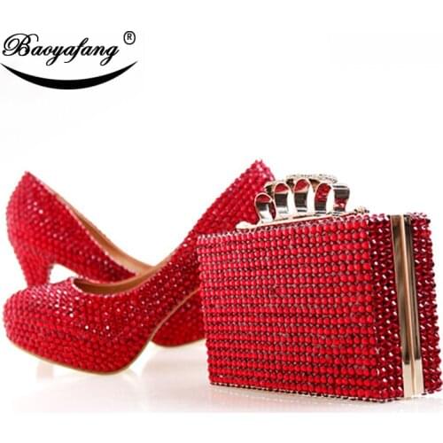 BaoYaFang Red crystal wedding shoes with matching bags woman 8cm/10cm/12cm/14cm Thin heel Ladies Pumps and purse set platform
