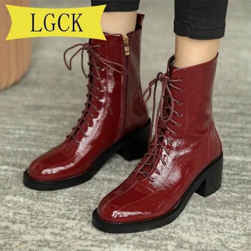 Plus Size 34-40 Woman Autumn Boots Womens Ladies Wear-resisting Rubber Black Patent Leather Ankle Boots Square Heel Footwear