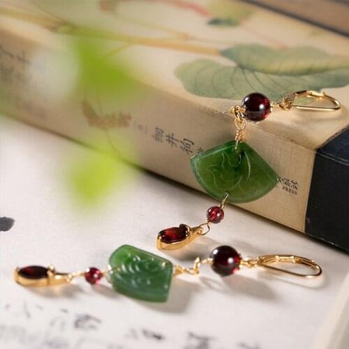 Uglyless Real Natural Jade Fan Dangle Earrings for Women Real 925 Silver Gold Color Real Gemstones Earrings Garnet Brincos E1901