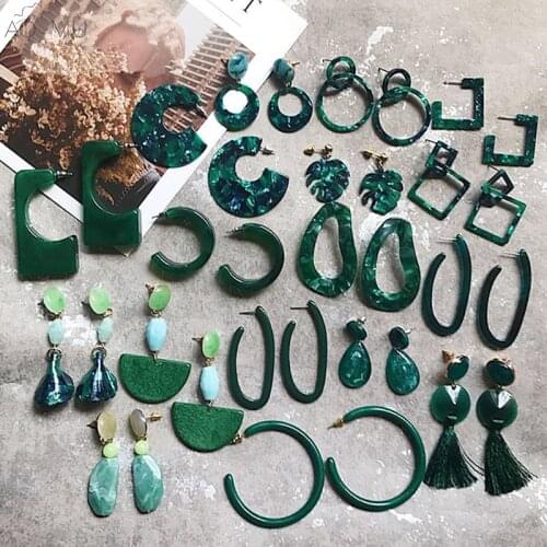 AOMU New Dark Green Geometric Round Big Circle Acrylic Statement Long Drop Earrings Acetic Acid Stone Earrings for Women серьги