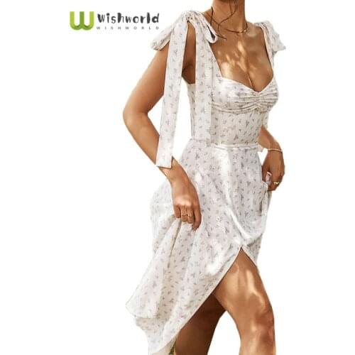 European American Fashion V-neck Sling Floral Open Back Split Dress Womens Popular Bow Summer Sun Dress Boutique Womens Wear
