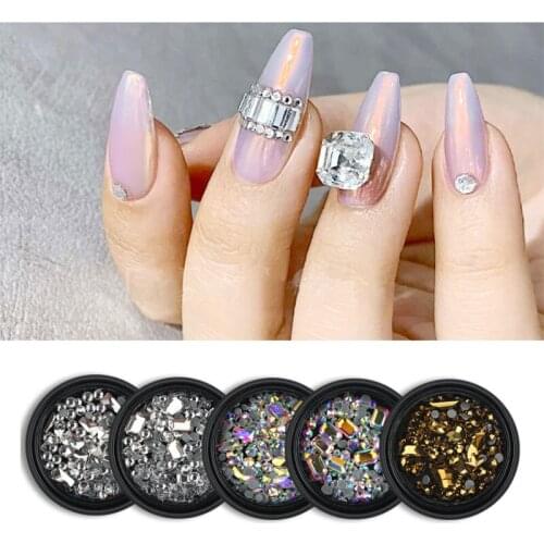1box Nail Rhinestone Flat AB Flame Crystal Rose Gold Row Diamond Shiny Glass Diamond 3D Nail Art Decoration Charm Set