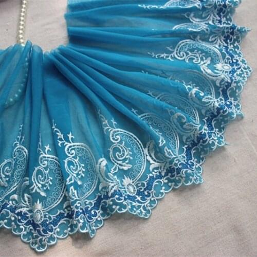 2Yards,10Yards/Lot High Quality Vintage Lake Blue Embroidery Elastic Tulle Lace Trim Mesh Lace Ribbon Sewing DIY Cloth