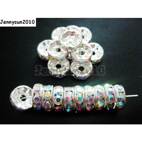 200pcs/lot 8mm Top Quality Czech Crystal Clear AB Rhinestone Pave Rondelle Metal Silver Plated Spacer Loose Beads Jewelry Making