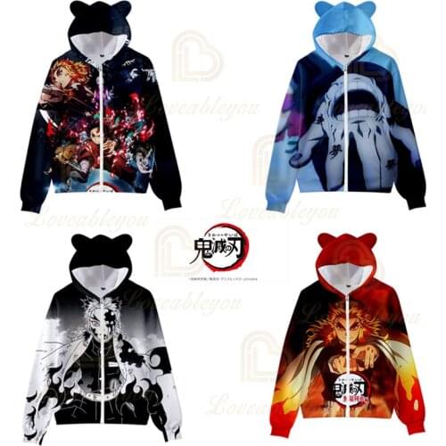Anime demon Slayer Kimetsu no Yaiba: Mugen Ressha-Hen Autumn Long Sleeve Cat Ears Kids Hooded Zipper 3D Printed Sweatshirt