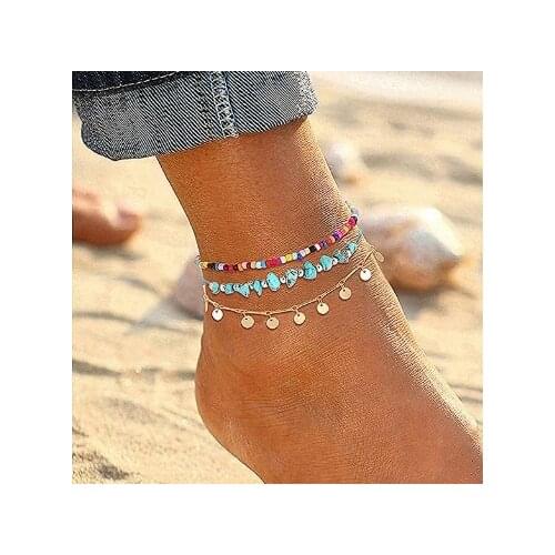 Turquoises Coin Disc Dangle Geometric Sequin Mixcolor Seed Beaded Anklets set of 3 Foot Chain Jewelry Gifts for Her Bohemian Hot