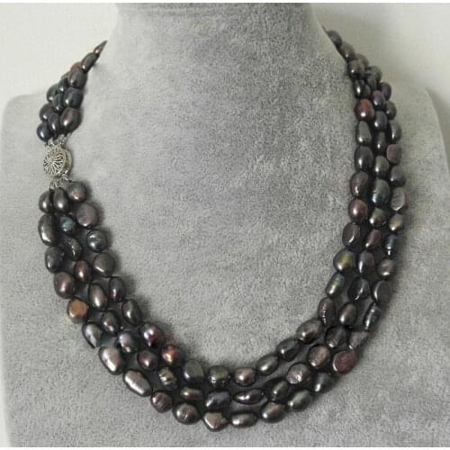 3Rows 7-8MM Natural Black Baroque Freshwater Pearl String Necklace 17-19