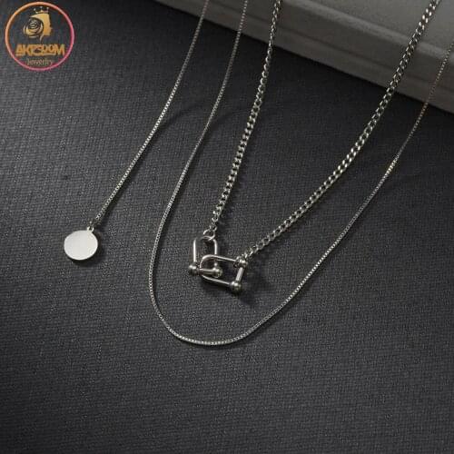 Akizoom Double Layers Thick Cuban Box Chain Necklace Stainless Steel Choker Small Round 2 Colors for Women Jewelry Party Gift
