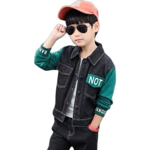 Spring & Autumn Cowboy Boy Sets New 2021 Korean Version Fashion 2-Piece Jean Jacket Printing Handsome Casual Childrens Clothing