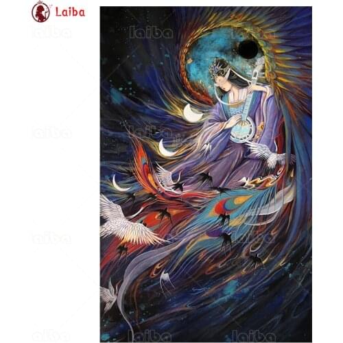 Round Diamond Painting Fantasy art, vintage oriental woman, flying birds Full square Rhinestone of Picture Diamond mosaic