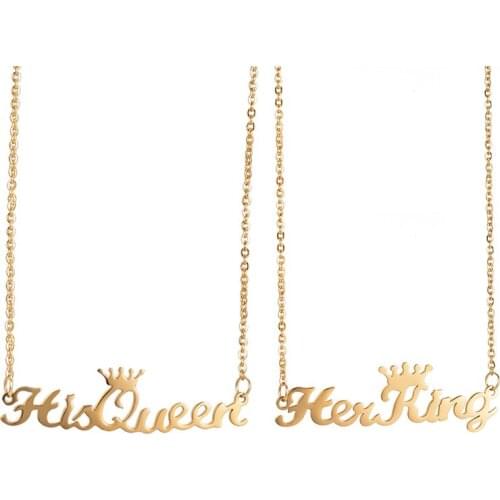 Romantic Couple Necklace Gold Crown Her King His Queen Pendant Necklaces Fashion Titanium Steel Letter Jewelry Love Gifts