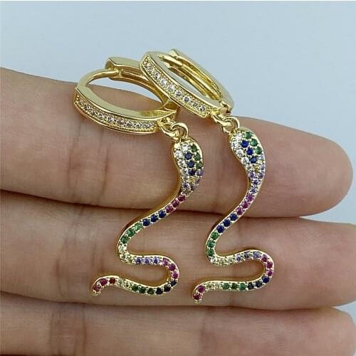 Fashion Design Rainbow AAA CZ Snake Shaped Earrings for Women Gold Statement Animal Long Earrings Jewelry Party Gift