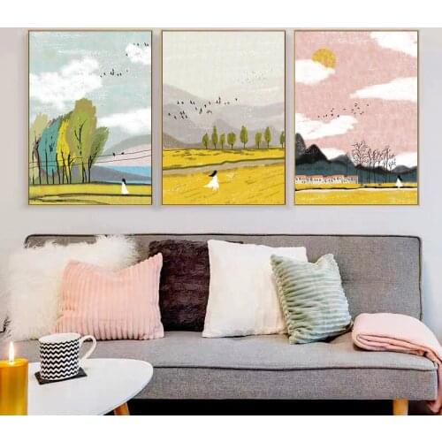 Cartoon Pink ins Style Landscape Autumn Girl Field Picture Wall Art Canvas Poster Print Nordic Painting Modern Living Room Decor