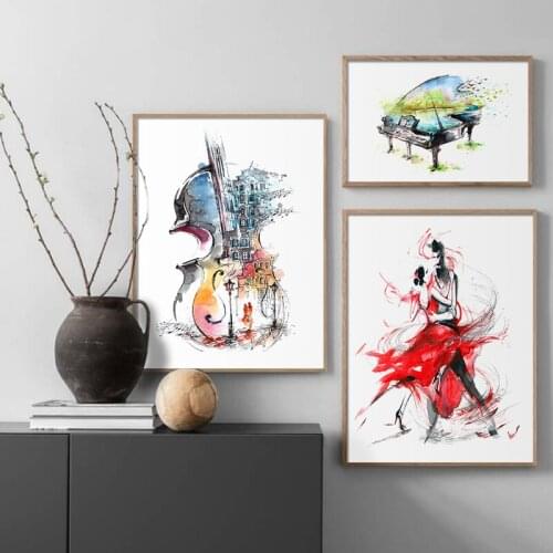 Crazy Music Canvas Painting Watercolor Guitar Piano Dance Couple Posters and Print Abstract Wall Picture for Living Room Decor