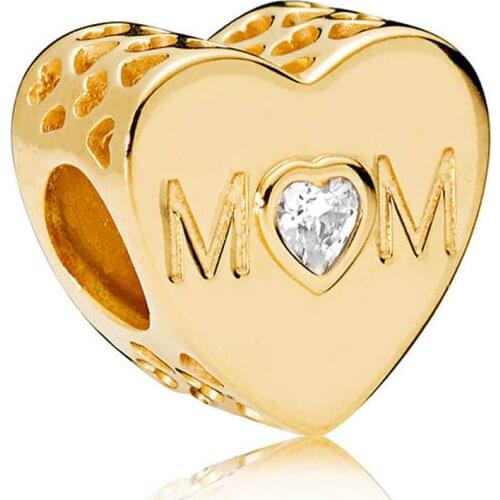 Original Gold Color Shine Mother Heart With Crystal Beads Fit 925 Sterling Silver Bead Charm Bracelet DIY Jewelry