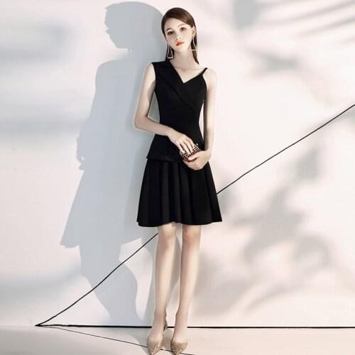 Special Occasion Dresses Vintage V-Neck Sleeveless Luxury Black Knee-Length A-Line Satin Zipper Elegant Women Prom Gown E1005