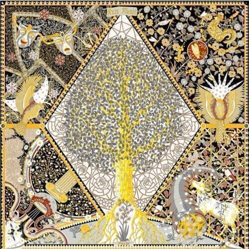 POBING Twill Silk Scarf Women Shawls Tree Mask Print Stoles Bandana Kerchief Hijab Square Scarves Wraps Silk Foulards 130CM