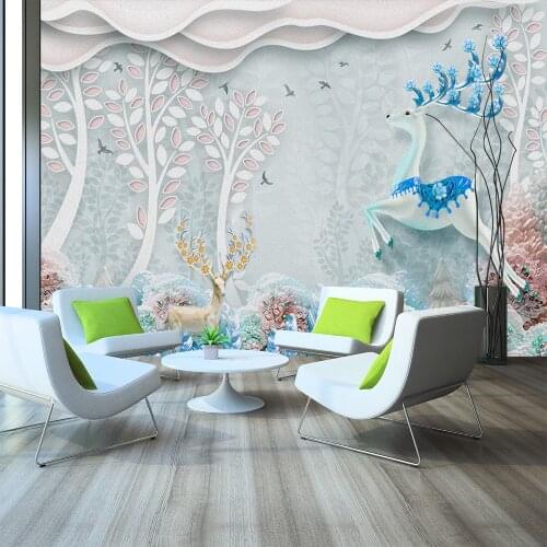Custom 3d wallpaper modern 3D Nordic embossed forest flying bird elk deer TV background wall - silk waterproof material
