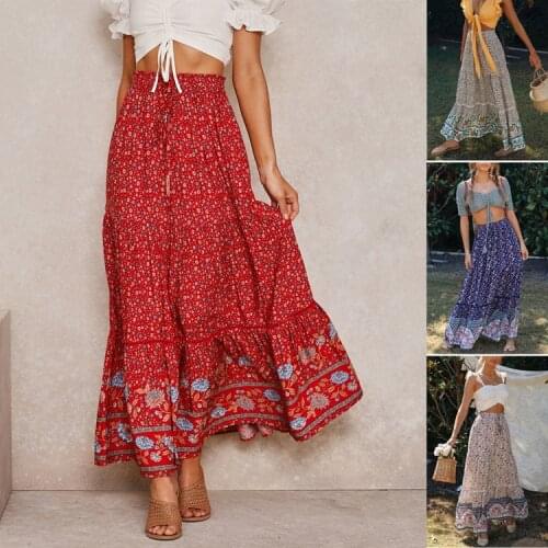 2021 hot style hollow lace stitching positioning printing large pendulum skirts retro beach holiday by the sea