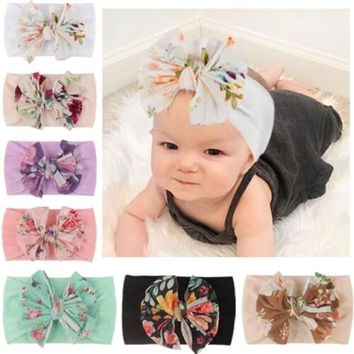 Vintage Flowers Pattern Bowknot Elastic Infant Headband Fashion Print Bows Nylon Hairband Baby Girl Headwear Clothing Decoration