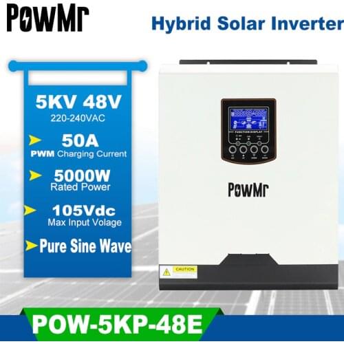 PowMr 5KVA Solar Hybrid Inverter Pure Sine Wave 48VDC 220VAC Inverter with PWM 50A AC 60A Charger Inside Max 105VDC Solar Panel