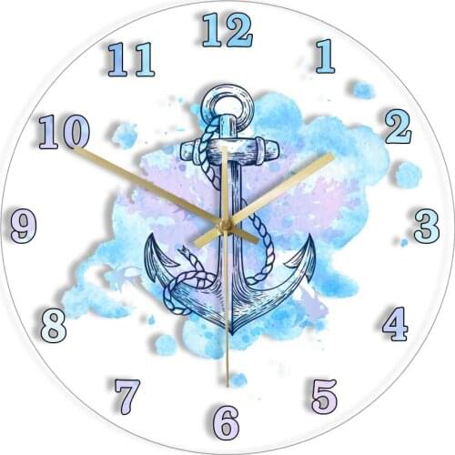 Blue Watercolor Anchor Sign Printing Wall Clock Nautical Coastal Beach Decor Marine Sea Ocean Wall Art Silent Quartz Wall Clock