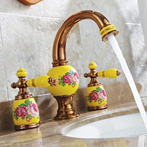 Basin Faucets Brass Ceramic Gold 3 Holes Double Handle Bathroom Sink Faucet Luxury Bathbasin Bathtub Taps Hot Cold Mixer Water