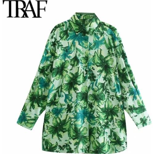 TRAF Women Fashion Oversized Tropical Print Blouses Vintage Long Sleeve Button-up Female Shirts Blusas Chic Tops