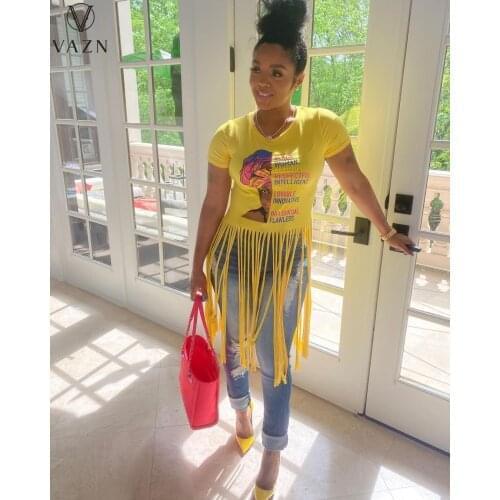 VAZN 2021 Summer New Letter Print Tassel T-Shirts Casual Lazy Style Joker Short Sleeve Women Loose T-Shirts