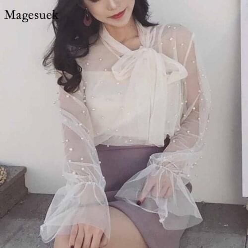 Spring Gauze Bow Beading Pink White Blouse 2020 Summer Women Solid Chiffon Shirt Female Blouses Top Office Shirts Blusas 4323 50