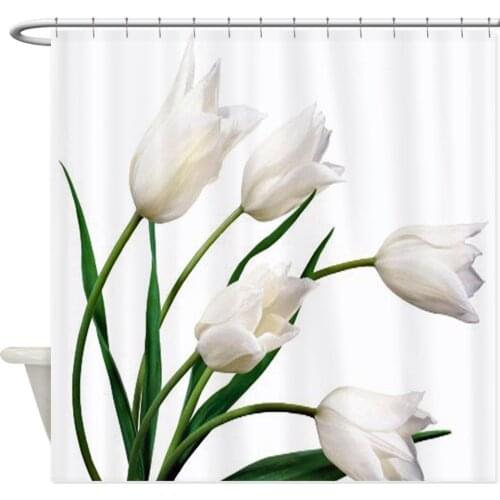 White Tulip Fabric Polyester Waterproof Shower Curtains Bathroom Curtains Decoration