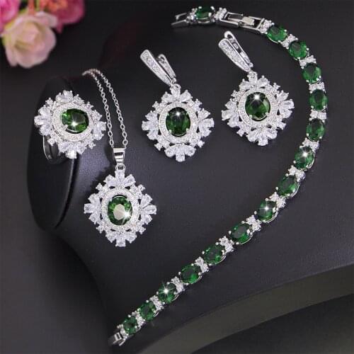 XUTAAYI Luxury Jewelry Earrings 925 Silver Wedding Jewelry Sets For Women Green Bracelet Rings Bridal Pendant Necklace Set