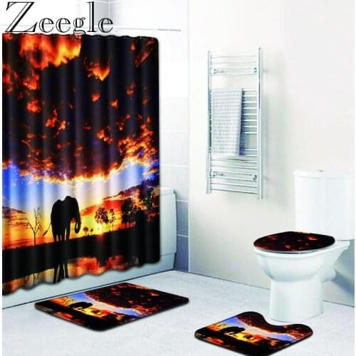 Zeegle 4PCS Bath Mat With Shower Curtain Waterproof Polyester Fabric 180x180cm Animal Printed Bath Curtain Bath Mat For Bathroom