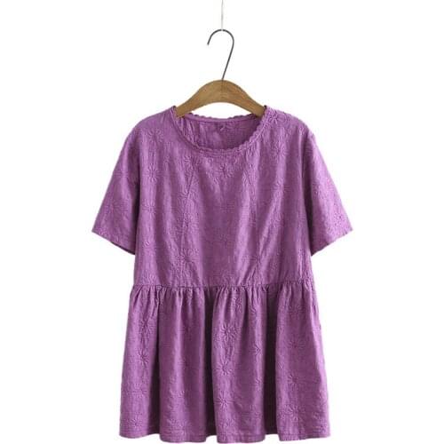 Plus Size XL-4XL Womens Short Sleeve Full Cotton Tshirts Vintage Floral Embroidery Tops Large Size Simple White Blue dresses