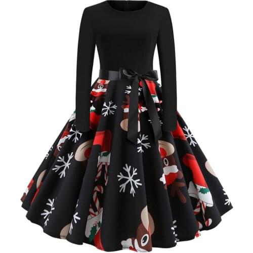 Winter Christmas Dresses Women Vintage Big Swing Elegant Party Dress Casual O-Neck Long Sleeve Printed Midi Dresses