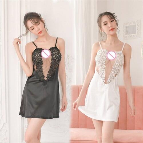White/Black 2018 New Summer Women Sexy Silk Lingerie Lace Hollow Deep V Translucent Erotic Sling Sleepwear Slips S-L