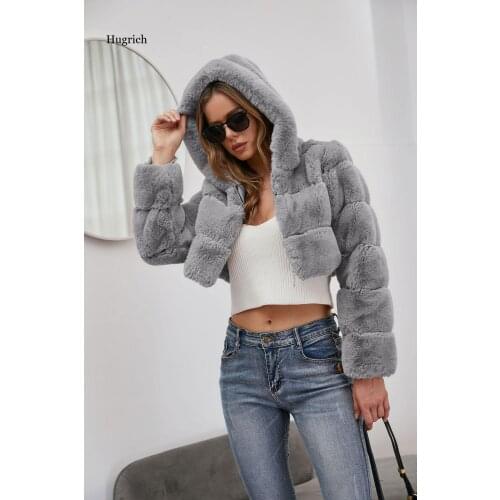 Winter Short Black Skirted Warm Patchwork Faux Fur Coat Women Hood Long Sleeve Fluffy Jacket Elegant Luxury Fashion