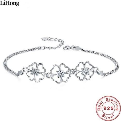 100% 925 Sterling Silver Bracelet Lucky Clover Pendant Bracelet AAA Zircon Amethyst Bracelet Women Luxury Jewelry Wholesale