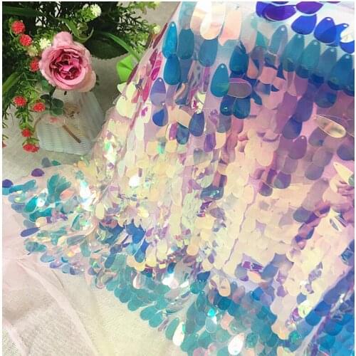 GLace 1yard/lot Mermaid Sequin Textile Cloth Material 40mm Big Oval Sequin Embroidery Fabric TX124