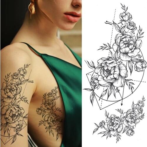 3D Black Plum Peony Rose Temporary Tattoos For Women Body Arm Lotus Peach Lily Daisy Fake Tattoo Sticker For Girls