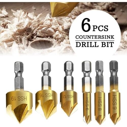 6pcs Hexagonal Shank Titanium Coated 5 Flutes HSS Countersink Chamfer Drill Bit 1/4 Hex Shank Wood Chamfer Cutter 6-19mm Tool