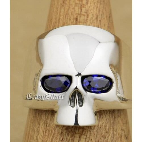 925 Sterling Silver Purple CZ Eyes Skull Mens Biker Rocker Punk Ring 9G303 US Size 7~15