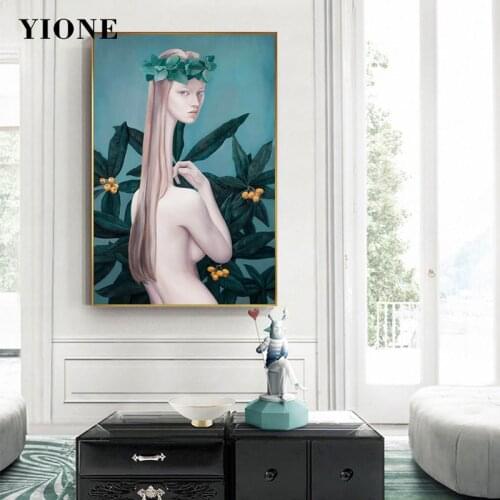Abstract Figure Oil Painting Long Neck Nude Woman with Jungle Leaves Butterfly Art Canvas Poster for Living Wall Picture Print
